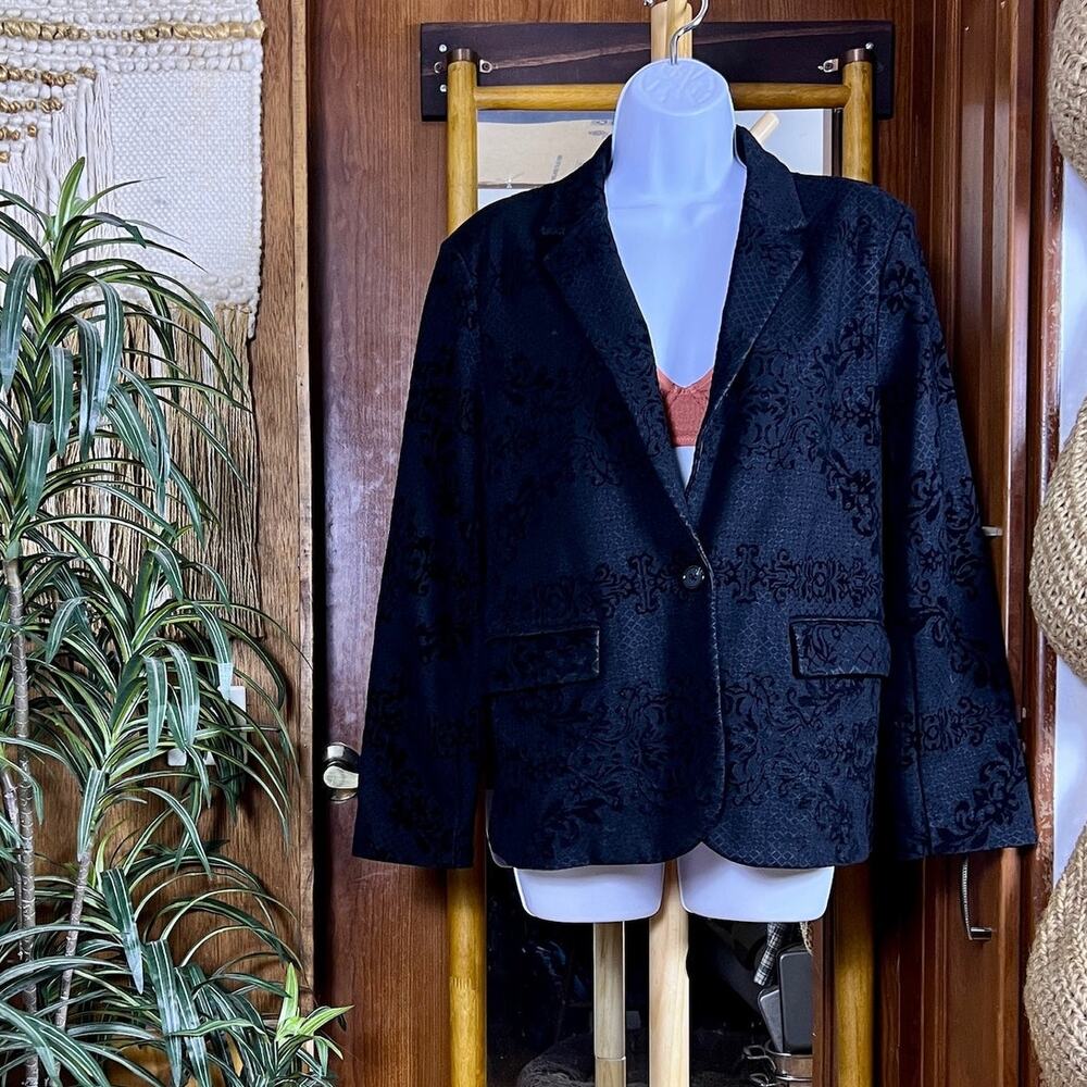 Nanette Lepore Velvet Damask Blazer Womens L Black Flocked Floral Goth Jacket